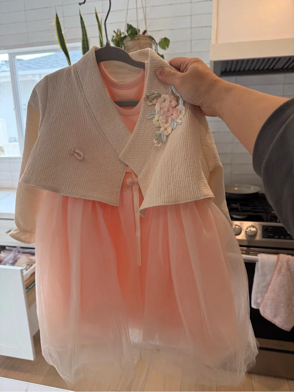 Girls' Hanbok Cream with Pink/peach Tulle Dress